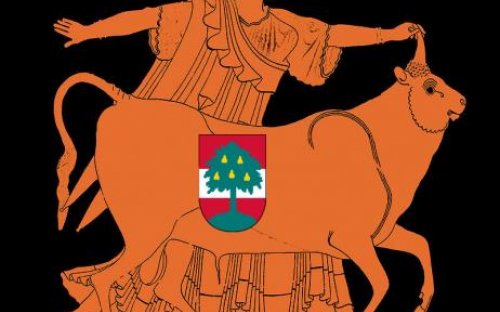 Montage: Vase 480 v. Chr. Europa und der Stier mit Wappen der Stadt Dornbirn